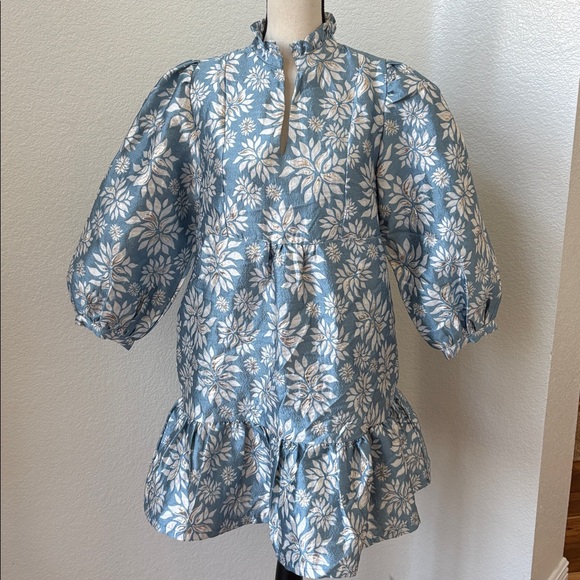 Free To Be Cool Blue Floral Jacquard Brocade Babydoll Dress Size Medium - Picture 6 of 9